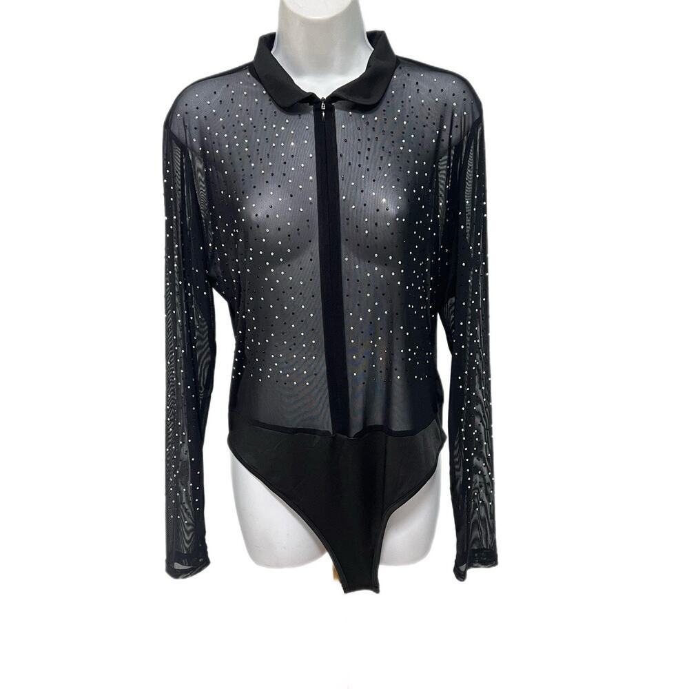 Rhinestone Mesh Bodysuit Black Long Sleeve Sheer Crystal Top XL Stretch